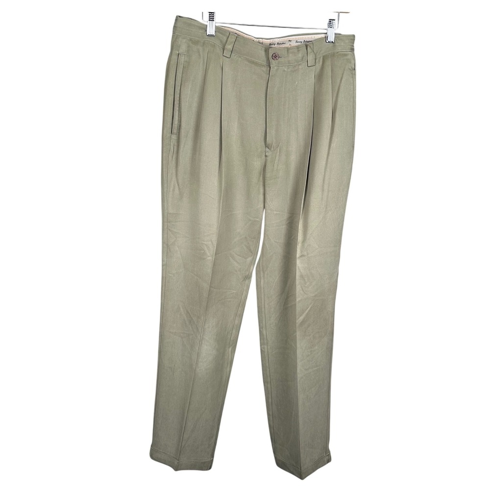 Tommy Bahama Mens 34x32 100% Silk Pleated Cuffed Pants Sage Green Olive Trousers